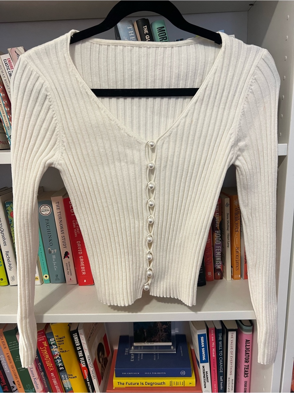 Women's White Ribbed Pearl Button Cardigan